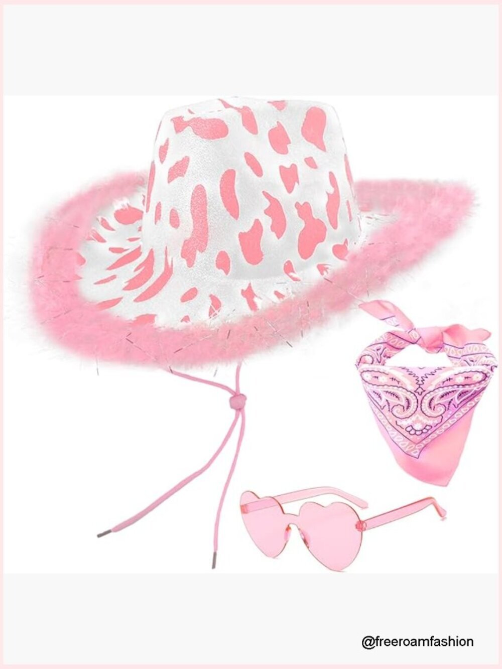 Cow Print Cowboy Hat with Feathers, Sunglasses and Bandana Set